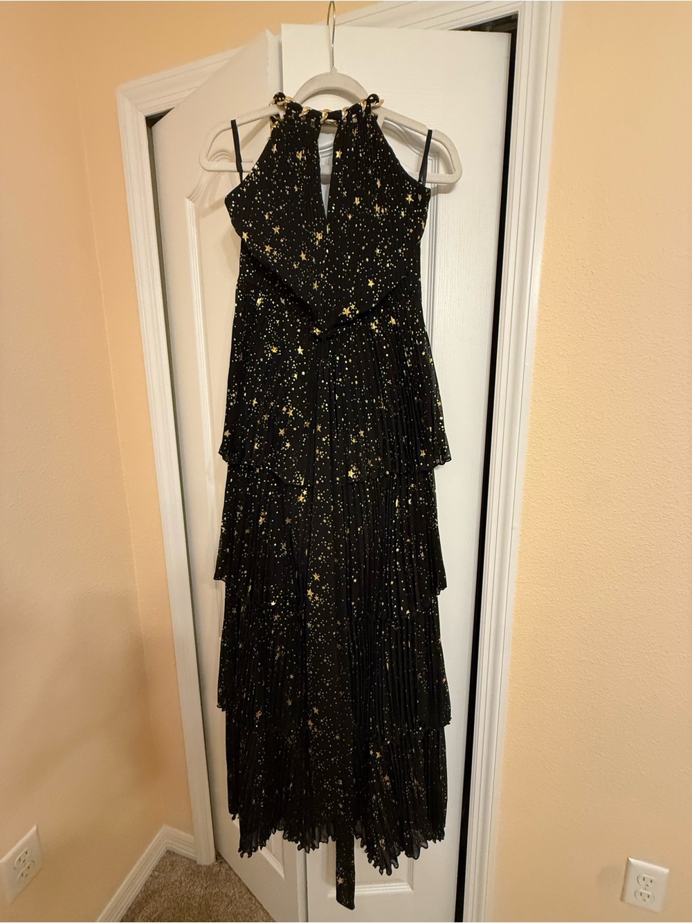 Alex Marie Black Tiered Halter Maxi Dress with Gold Star Print